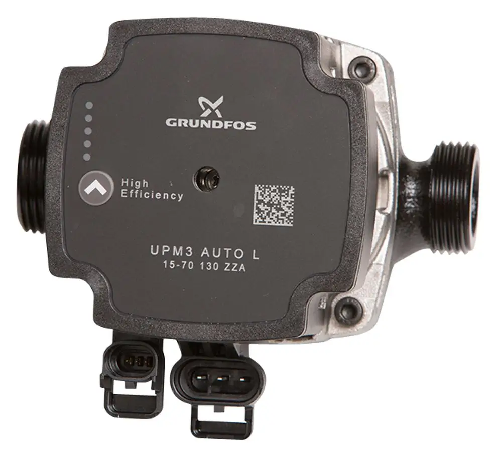 Danfoss Pumpe mit zwei elektrischen Anschlüssen, quadratischem Gehäuse und Kennzeichnung, dient zur effizienten Wasserzirkulation in Heizsystemen.